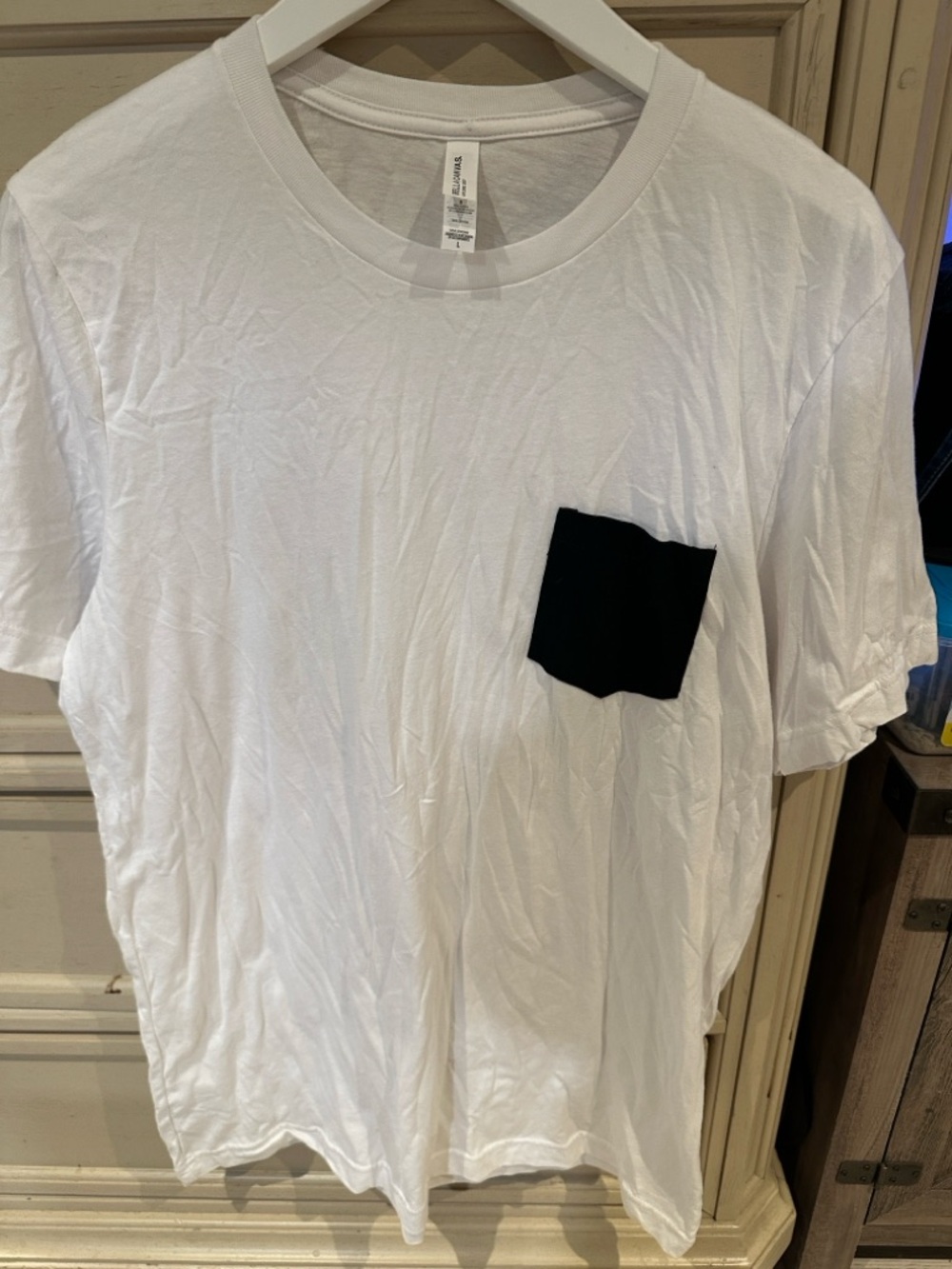Men's White Crewneck T-Shirt with Black Chest Pocket